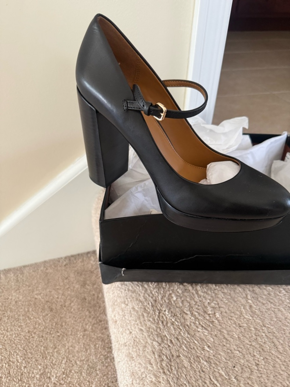 Coach Black Leather Mary Jane Platform Pump with Ankle Strap